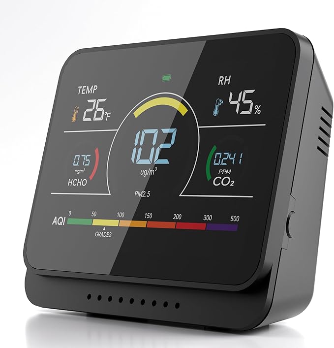 Xoopon Professional 13-in-1 Indoor Air Quality Monitor 6AQI with Alert and Buzzers PM1.0 |PM2.5 |PM10 |HCHO |CO2 |Humidity |Temperature, Portable Easy to Use for Car Office (Black) by Xoopon