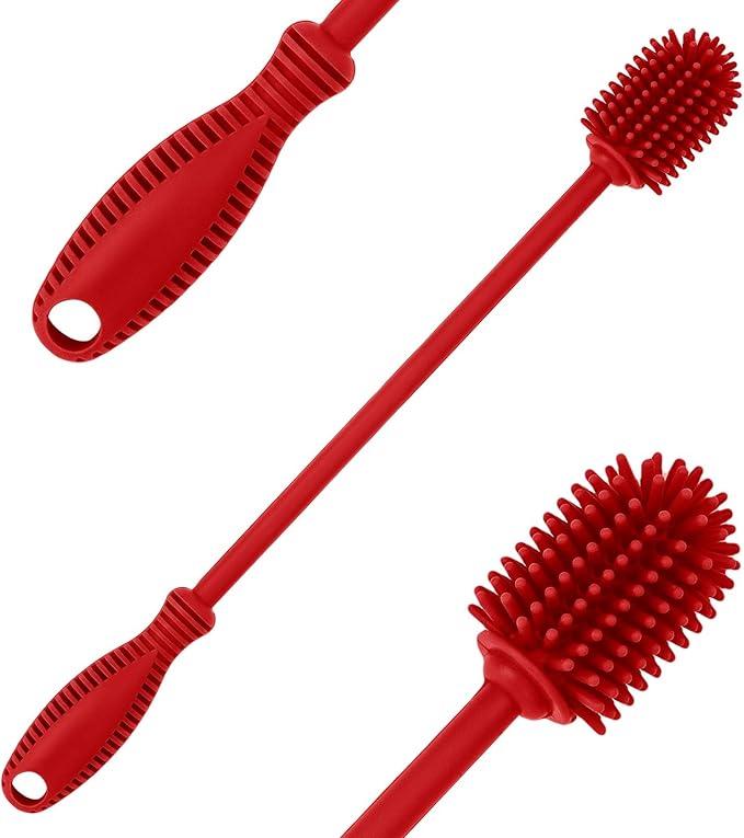 Silicone Bottle Cleaning Brush with Long Handle, BPA Free 12.5" Water Bottle Cleaner for Baby Bottles, Hydro Flask, Sports Bottle, Vase, Glassware, Perfect for Smaller Diameter Bottle Openings (Red) by ddLUCK