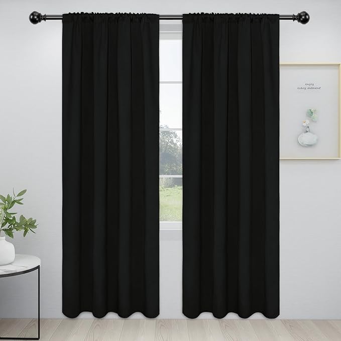 Easy-Going Rod Pocket Blackout Curtains for Bedroom, Room Darkening Window Curtains for Living Room, Thermal Insulated Noise Reduction Solid Window Drapes, 2 Panels(34x84 in, Black) by Easy-Going