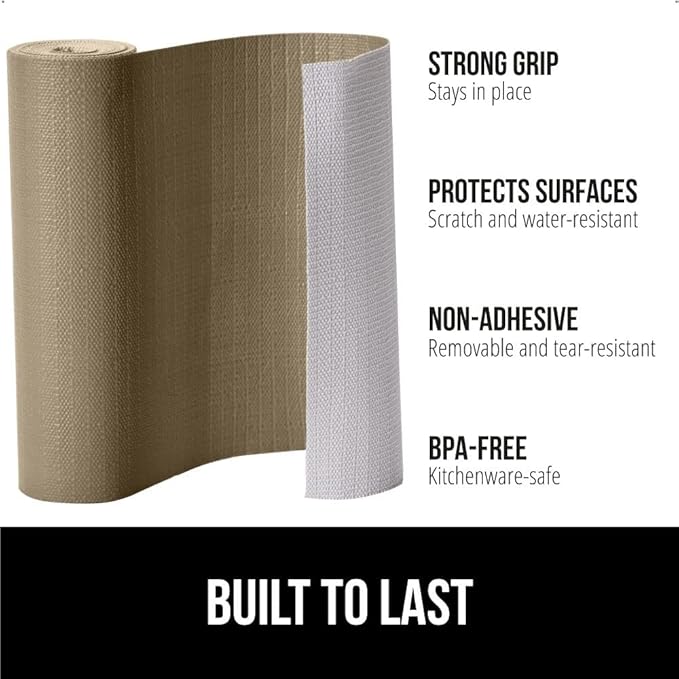GORILLA GRIP DripGuard Shelf Liner, Non-Adhesive Drawer and Kitchen Cabinet Protector, Strong Grip Slip Resistant Underside, Smooth Surface Liners for Cabinets, Bathrooms, Closets, 12x120 Inch, Beige - Image 2