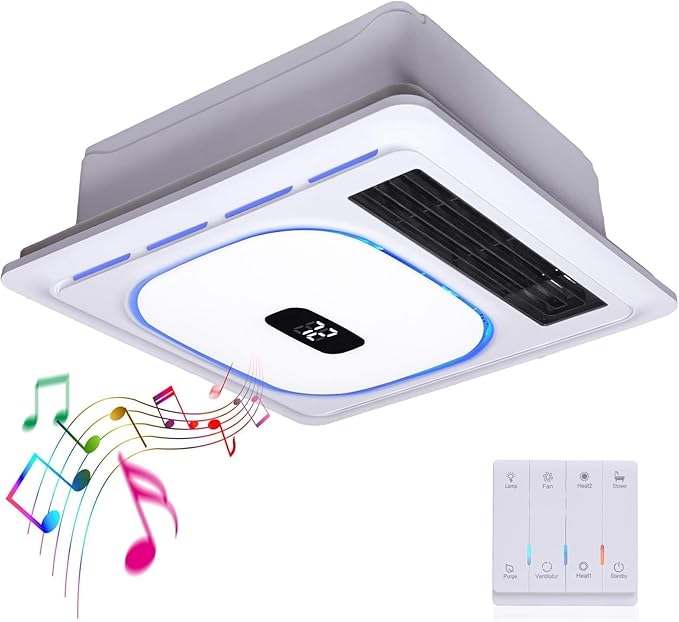 4 In1 Bathroom Exhaust Fan with Bluetooth Speaker & Heater 1800W, 180 CFM 1.0 Sone Bath room Exhaust Fan with LED Light-4 RGB Modes, Controller,Ventilation,Easy Install for Bathroom, Home by Plutoslove