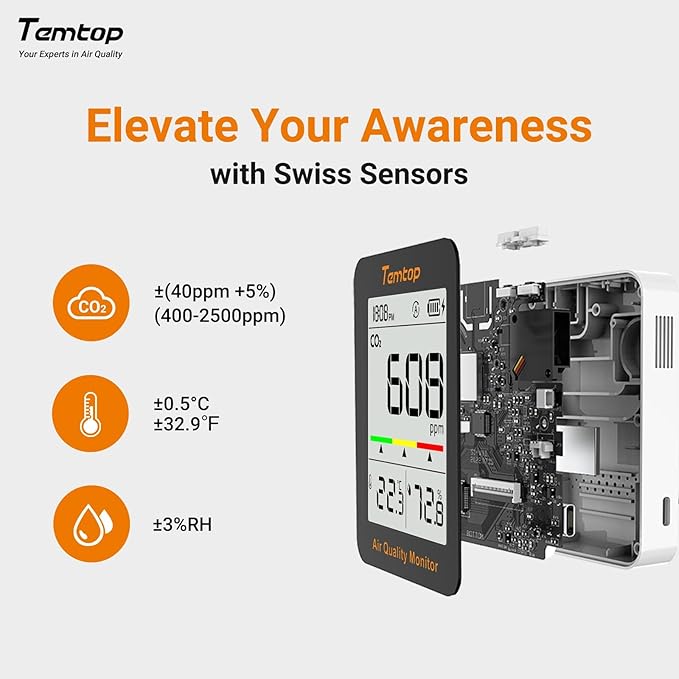 Temtop CO2 Monitor Indoor air Quality Monitor Portable CO2 Meter, CO2, Temperature, Humidity Home, Office or School - Image 3