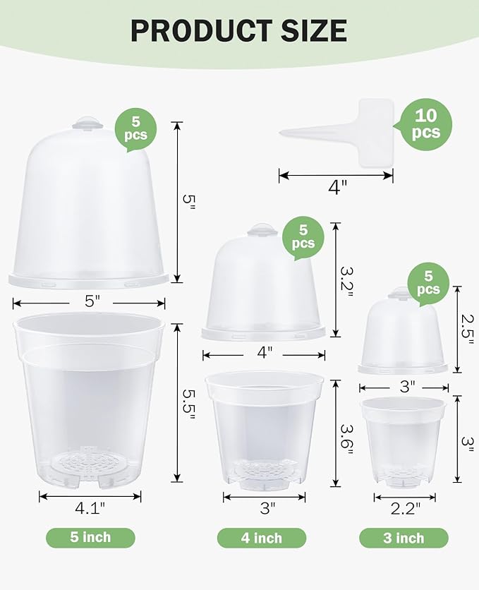 homenote Clear Nursery Pots for Plants,3/4/5 Inch Plant Pot for Planting with Humidity Domes Plastic Seedling with Drainage Holes Seed Starter Flower High Transparency (15 Pack) - Image 6