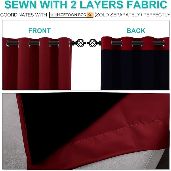 NICETOWN Kitchen Full Blackout Curtain Panels, Super Thick and Soft Insulated Window Covers, 100% Blackout Draperies with Black Backing for Cafe Window (Burgundy Red, Set of 2 PCs, 52 by 45-inch) - Image 5