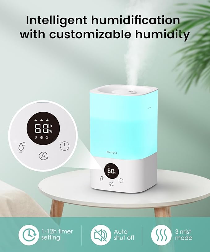Smart Humidifiers for Bedroom Large Room, 3.5L Top Fill Cool Mist Air Humidifiers for Home Baby Plants Nursery, Humidity Control & Night Light, White - Image 3