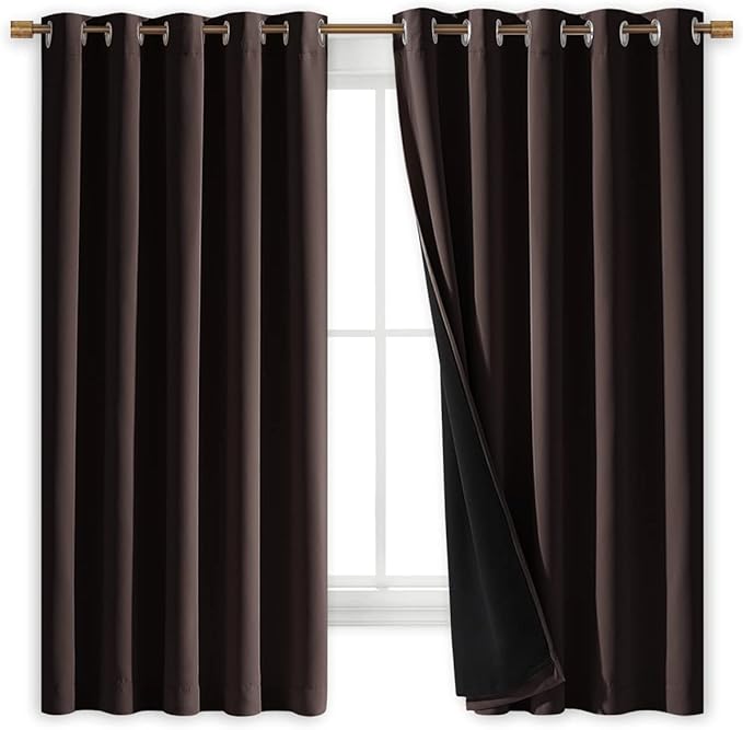 NICETOWN 100% Blackout Lined Curtains, Brown, 1 Pair, 62" Width x 63" Length Each Panel, 2 Thick Layers Completely Blackout Window Treatment Thermal Insulated Drapes for Kitchen/Bedroom - Image 2