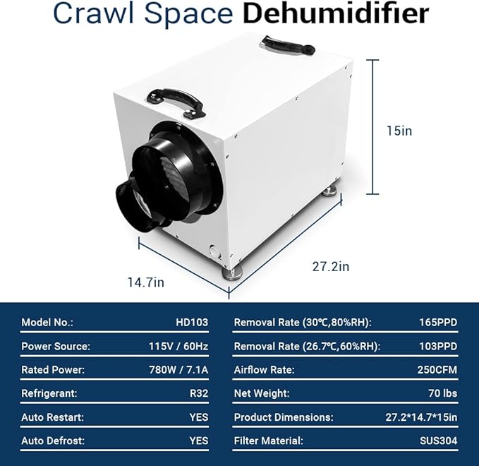 HD103 225 pints Crawlspace Dehumidifiers for Basements, Commercial Dehumidifier for Home, Garages, Water Damage Restoration, dehumidifiers for Crawl Space ETL Listed - Image 7