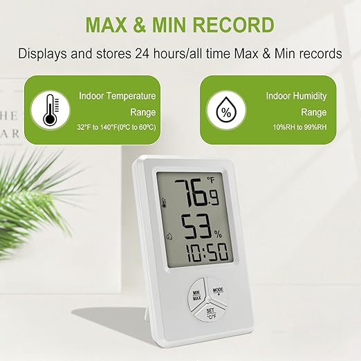 Urageuxy Digital Hygrometer Indoor Thermometer Humidity Meter with Temperature and Humidity Room Thermometer with Time Alarm Clock for Home, Bedroom, Baby Room, Office, Greenhouse, Cellar - Image 4