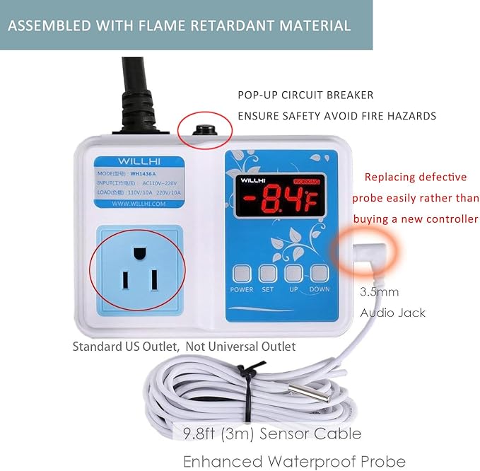 WH1436A 10A Temperature Controller 110V Digital Thermostat Switch Sous Vide Controller NTC 10K Sensor Improved Version - Image 4