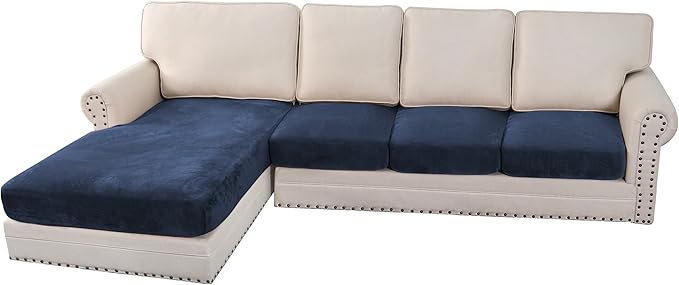 H.VERSAILTEX Velvet Stretch Sectional Couch Covers 4 Pieces Sofa Seat Cushion Covers L Shape Separate Cushion Couch Chaise Cover for Both Left/Right Couch (Large Sofa 3 Seater + 1 Chaise, Navy) by HVERSAILTEX