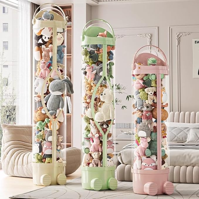 Rotating Toy Storage Tower, 2025 New Tube Storage for Stuffed Animals with Lights, Tube Storage Container with Zipper, Transparent Round Flip Organizer for Plush Toys (Pink-without light, 51.2in) - Image 3