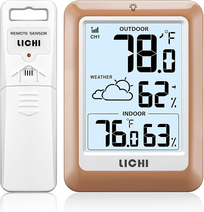 Indoor Outdoor Thermometer Wireless Weather Station, Internal External Thermometer Hygrometer, Home Batteryoperated Temperature Humiditymonitors330 Feet (About 100 Meters) Backlight Display (Khaki) by Unknown