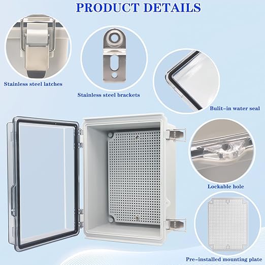 Waterproof Electrical Box, IP67 Junction Box Stainless Steel Latch Hinged Clear Cover Project Enclosure with Wall Bracket 8.7"x6.7"x4.3" - Image 3
