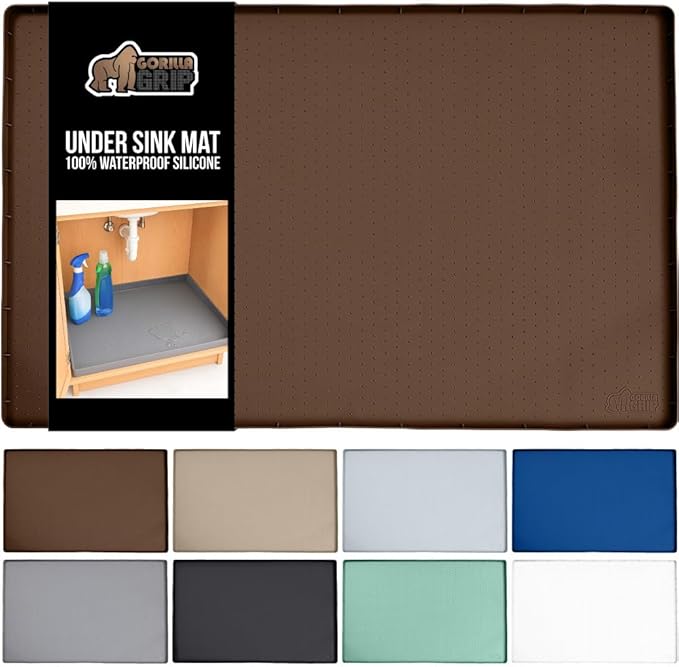 GORILLA GRIP Waterproof Silicone Under Sink Mat with Raised Lip for Kitchen and Bathroom, 28 x 22 in, Cabinet Shelf Liner Stay in Place Mats Dishwasher Safe Drawer Liner, Organizer Tray, Coffee by GorillaGrip