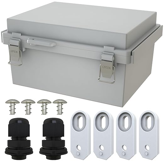 MAKERELE Small Electrical Junction Boxes Plastic Gray IP67 ABS with Electrical Waterproof Performance Including Mounting Plate,Stainless Steel Buckle and 1/2" NPT*2(8.7"×6.7"×4.3") by MAKERELE