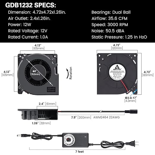 GDSTIME 120mm Blower Fan, AC 110V 220V DC 12V Powered Fan with Speed Control, for Receiver DVR Xbox Modem AV Cabinet Cooling - Image 6