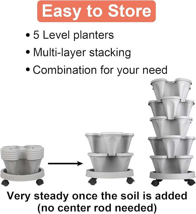 DUNCHATY Stackable Planter, Vertical Garden Planter with Wheels and Garden Tools, Strawberry Planter Indoor/Outdoor 5 Tier Herb Planter Pots for Growing Vegetables and Succulents,Gray - Image 7