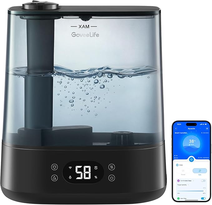 GoveeLife Smart Humidifiers for Bedroom, 6L Cool Mist Top Fill for Large Room, Humidity Sensor, Auto Mode, 60H Quiet Runtime, Schedule, WiFi Humidifier for Baby Plant, Compatible with Alexa, Black by GoveeLife