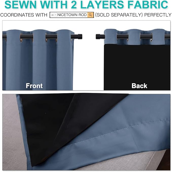 NICETOWN 100% Blackout Curtains with Black Liners, Thermal Insulated Full Blackout 2-Layer Lined Drapes, Energy Efficiency Window Draperies for Bedroom (Stone Blue, 2 Panels, 52-inch W by 63-inch L) - Image 4