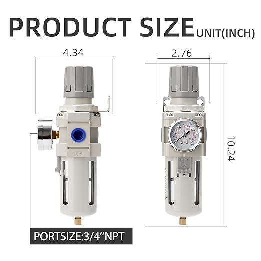Air Compressor Water Separator Filter 3/4" NPT 0-150 PSI,Compressed Filter Regulator Combo,Poly Bowl,Semi-Auto Drain - Image 3