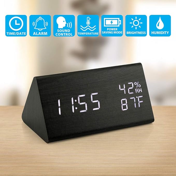 OCT17 Wooden Alarm Clock, Smart LED Digital Clock for Bedroom/desks, Upgraded with Time Temperature, Adjustable Brightness and Voice Control, Humidity Displaying - Black - Image 2
