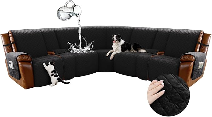Arfntevss Waterproof Recliner Sectional Couch Covers for Reclining L Shape Sofa Cover Non Slip Washable L Shaped Slipcover Sets for Dog Furniture Protector (5 Seat with 2 Console Cover, Black) by Arfntevss