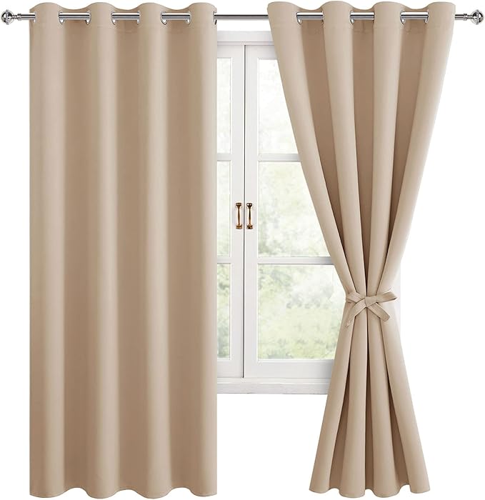 Hiasan Blackout Curtains for Bedroom, 52 x 63 Inches Length - Thermal Insulated & Energy Saving Window Curtains for Living Room, 2 Drape Panels Sewn with Tiebacks, Beige by Hiasan