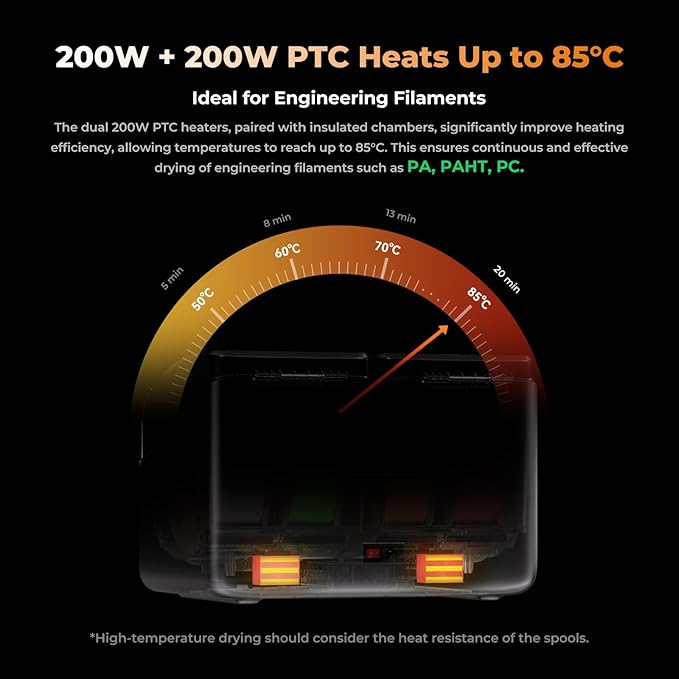Official Creality Space Pi X4 Filament Dryer Box, Dry 4 Spools Dual Chambers 200W PTC Heats Up to 85°c Smarter Drying Elevated Large Size for 1kg/2kg spools 1.75/2.85mm Filament Dry Box - Image 5