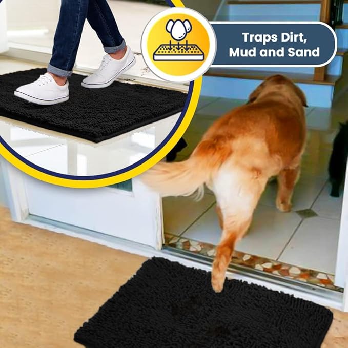 Muddy Mat® Pack of 3 Highly Absorbent Microfiber Dog Door Mat and Pet Rug, Non Slip Thick Washable Area Mat Soft Chenille for Kitchen Bathroom Bedroom and Outdoor - Black Small, Medium & Large - Image 3