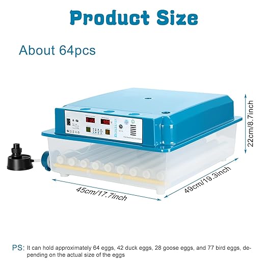 64 Egg Incubators for Hatching Eggs, with Auto Turner & Humidity Control, Automatic Egg Turning Rotates 360 Degrees, Visual Control Panel, Hatchable Duck/Goose/Bird Eggs for Home, Farm, Classroom - Image 2