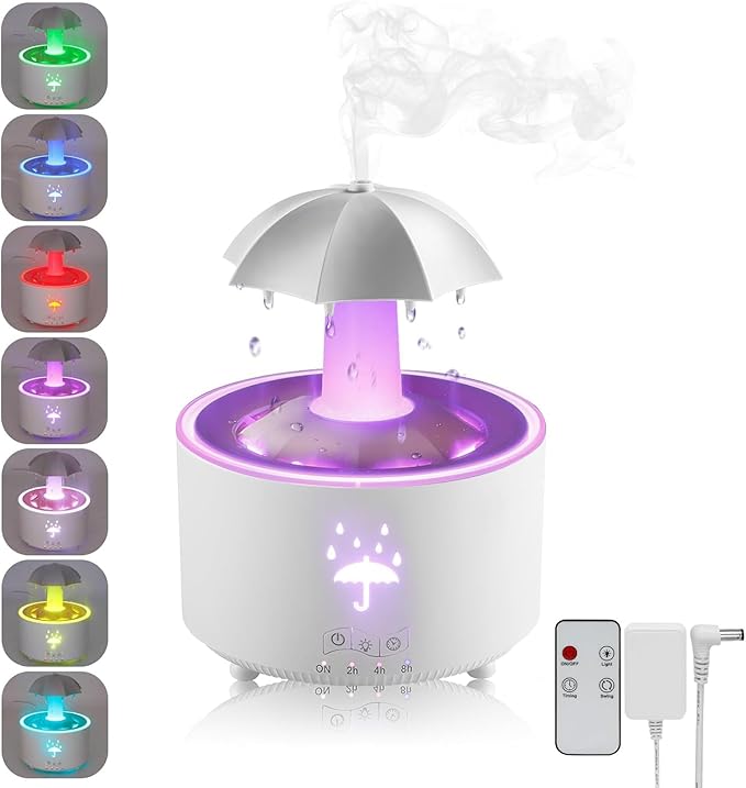 Humidifier for Bedroom, Rotating Umbrella Diffuser with Rain Drop Effect 7-Color LED, 300ML Small Humidifier with Remote & Timer, Funny Rain Humidifiers Gift for Family and Friends (White) by GOUTOOL