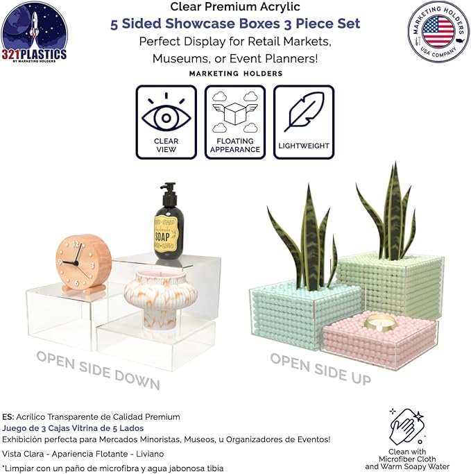 3 Piece Acrylic Display Boxes Retail Clear Product Riser 2", 4", 6" High Cake Display Boxes Nesting Bins One Open Side No Lid Merchandise Storage Box by Marketing Holders - Image 3