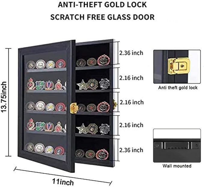 Jinchuan Military Challenge Coin Display Case Lockable Cabinet Rack Holder Shadow Box with Removable 2 Grooves Shelves and Anti Dust Door for Casino Poker Chips Collectibles, Small - Black - Image 2