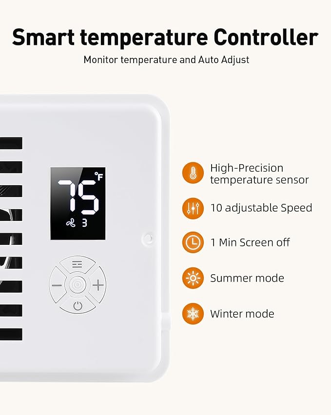 AGPTEK Register Booster Fan for 4 x 10 Register Holes, Quiet Air Vent Fans with 10-Speed, Intelligent Thermostat & Remote Control, Heating Cooling AC Vent Fan for Room Wall Floor Ceiling - Image 3