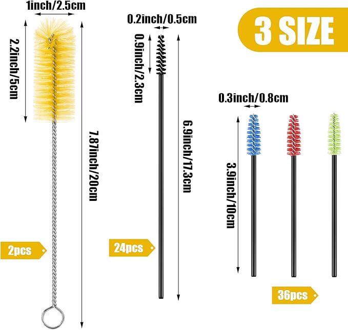 62 Pieces 3 Size Hummingbird Feeder Cleaning Brush Mini Nylon Tube Brush Set Nylon Hummingbird Feeder Parts Cleaning for Bottles, Tubes, Jars, Bird(Yellow) - Image 2