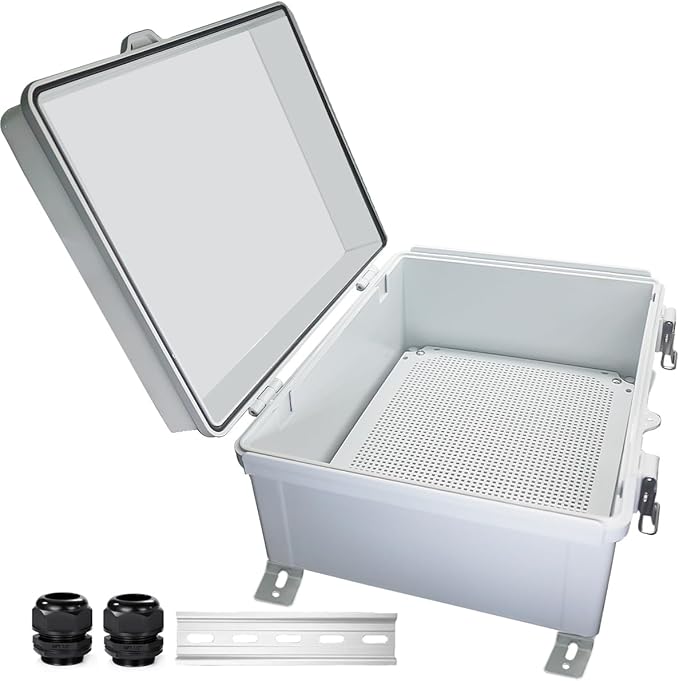Waterproof Outdoor Electrical Box Junction Box Weatherproof IP67 ABS Plastic Enclosure Switch Router Project Box with Mounting Plate with Wall Bracket 2 Cable Glands Grey 16" x 12" x 7" by YETLEBOX