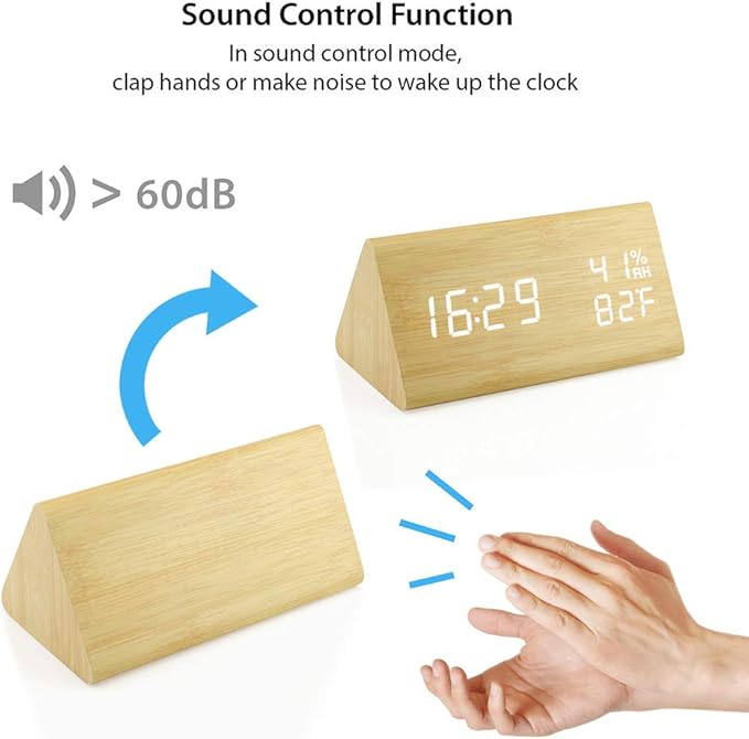 OCT17 Wooden Alarm Clock, Wood Alarm Clock Smart LED Digital Clock for Bedroom/desks, Upgraded with Time Temperature, Adjustable Brightness and Voice Control, Humidity Displaying - Bamboo - Image 6