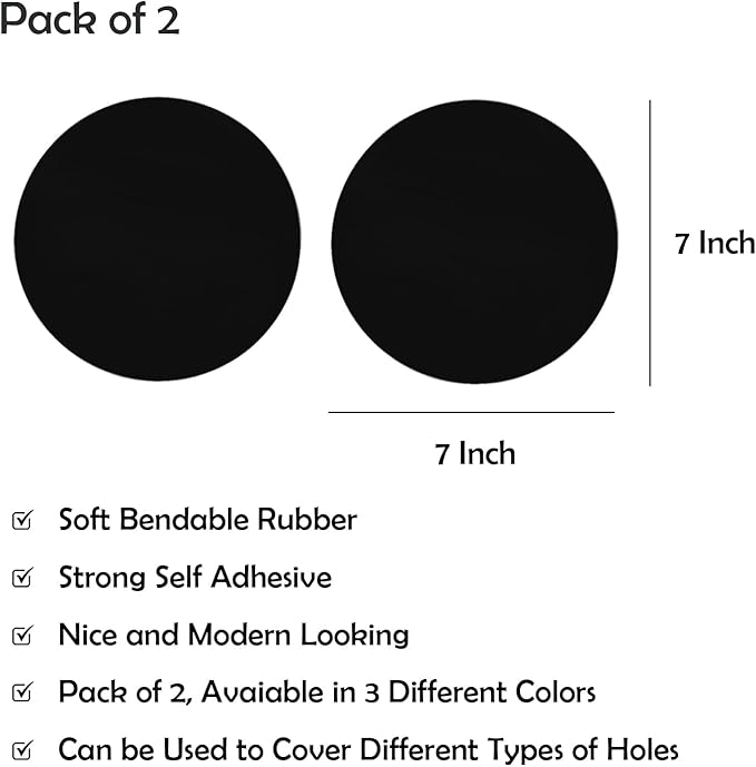 Rubber Bond Self-Adhesive Rubber Wall Outlet Cover Plate 2 Pack - Easy to Apply Peel & Stick Drywall Hole Patch - 7 Inch Round Screwless Blank Wall Plate Cover - Premium Rubber Wall Hole Cover (Black) - Image 2