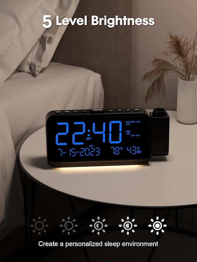 ROCAM Projection Alarm Clock for Bedroom Ceiling, Digital Clock with 180° Projector with 5-Level Dimmer, Dual Loud Alarm with Weekend/Weekday Mode, Date, Temp, Humidity, Night Light, DST, Snooze - Image 6