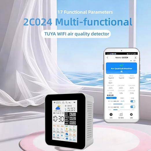 WiFi Air Quality Monitor CO2(NDIR PM2.5 PM10, Weather Station with 3-Day Forecast,Wireless Indoor Outdoor Thermometer Alarm with 3 Sensors, Water Thermometer, Aquarium, Refrigerator. Phone APP 2CO24 - Image 9