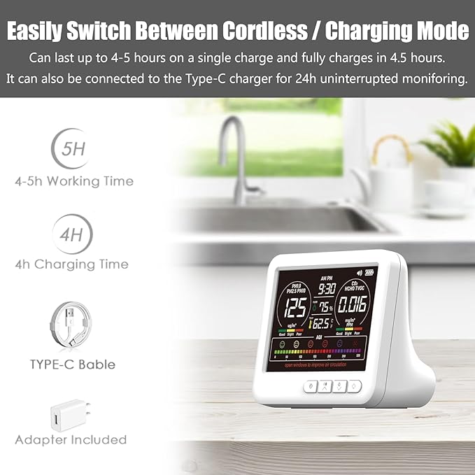Professional Indoor Air Quality Monitor with 7X AQI,16 in 1 Portable Real-Time Detector for PM2.5 | PM10 | CO2 | TVOC | HCHO | Temp | Hum for Home Cars Plants Pets - Image 9