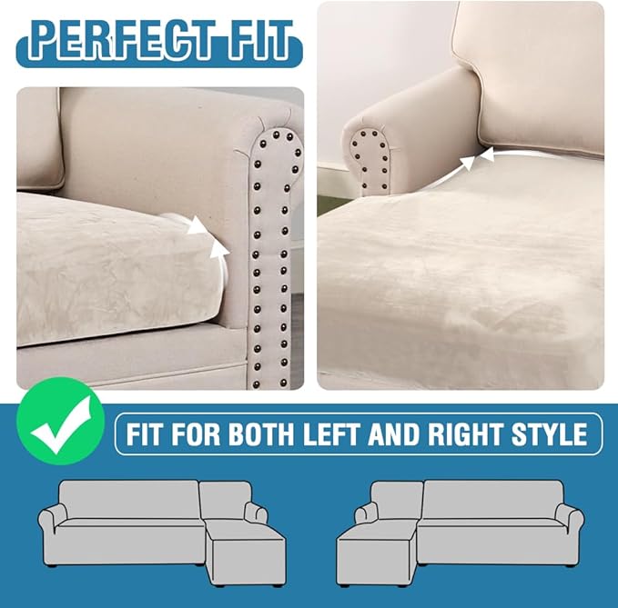 H.VERSAILTEX Velvet Stretch Sectional Couch Covers 3 Pieces Sofa Seat Cushion Covers L Shape Separate Cushion Couch Cover for Both Left/Right Sectional Couch (Large Sofa 2 Seater + 1 Chaise, Ivory) - Image 6