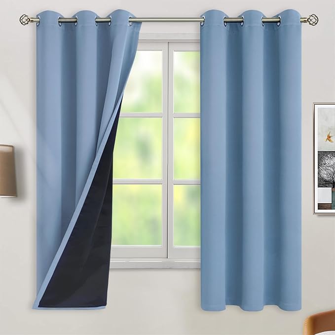 BGment Thermal Insulated 100% Blackout Curtains for Bedroom with Black Liner, Double Layer Full Room Darkening Noise Reducing Grommet Curtain (42 x 63 Inch, Denim Blue, 2 Panels) by BGment