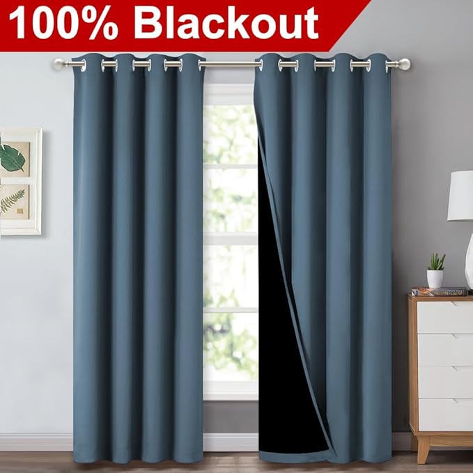 NICETOWN 100% Blackout Curtains 84 inches Long, Smoky Blue, 52 inches Wide, Pair of Energy Smart & Noise Blocking Out Drapes for Baby Room Window, Thermal Insulated Guest Room Lined Window Dressing - Image 2