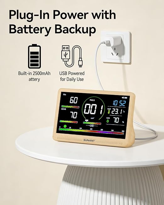 16 in 1 Indoor Air Quality Monitor, 7" Display 9 AQI +7 AQI Alerts, CO2 Monitor Tester for CO2, HCHO, TVOC, PM1.0 PM2.5 PM10 Temperature Humidity AQI & Time Air Quality Meter for Home Office - Image 6