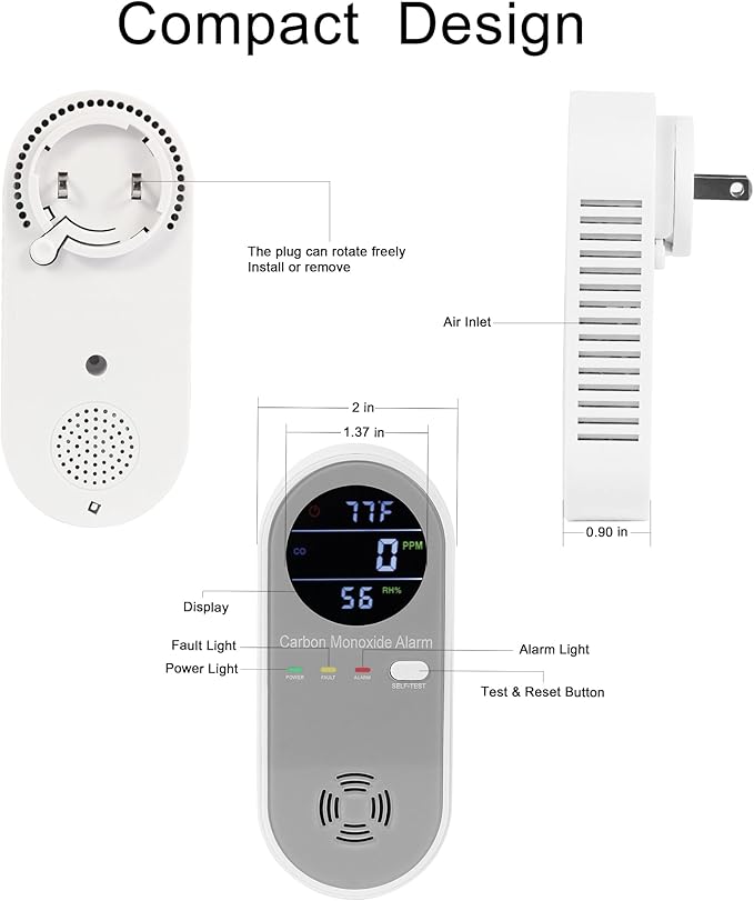 Plug in Carbon Monoxide Detector, Carbon Monoxide Alarm,Real-time Digital Display 3-in-1 Level: PPM,°F & Humidity, Co Detector Monitor for Home,RV,Apartment - Image 2