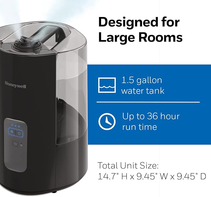 Honeywell Dual Comfort Cool + Warm Mist humidifier. Humidifier for Bedroom, Office, Living Room and Home. Provides Temporary Relief from Dry air discomforts - Black, HWC775B - Image 14