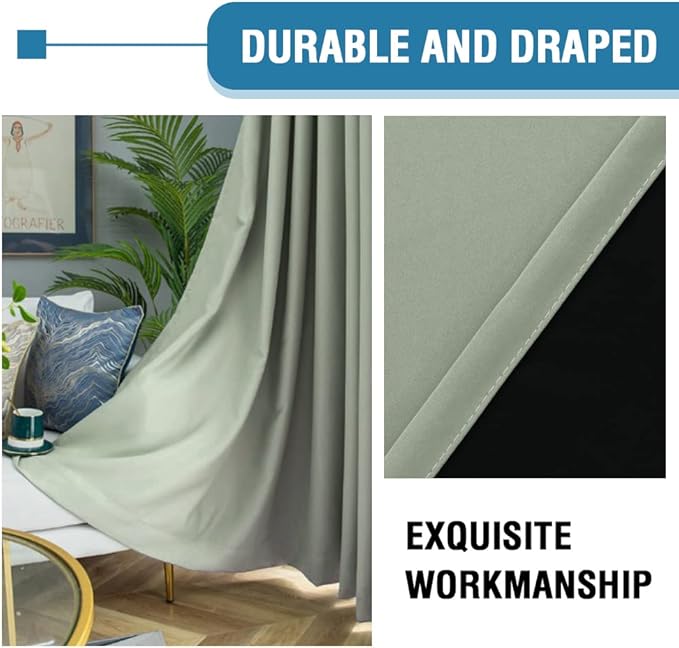 H.VERSAILTEX 100% Blackout Curtains for Bedroom Thermal Insulated Blackout Curtains 96 Inches Long Rod Pocket/Clip Rings Curtains for Living Room with Black Liner 2 Panels, Light Sage - Image 7