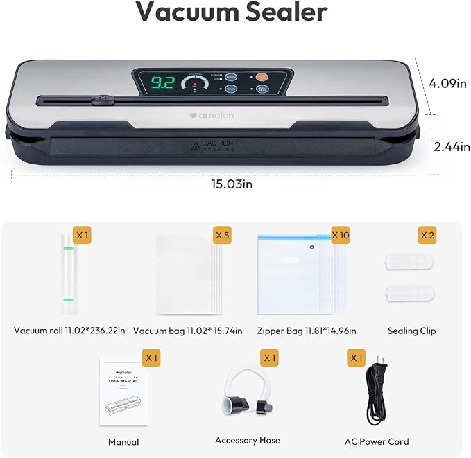 AMOLEN Vacuum Sealer Storage Bags Kit for Filament 20kPa, Dual-Use Vacuum Sealer Machine for Food 60kPa with Build-in Cutter&Storage, Digital Countdown, Air Suction Hose, 30 Vacuum Bags - Image 6