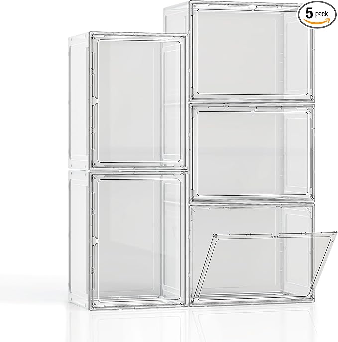 5 Pack Stackable Storage Bins with Lids, White Plastic Storage Container with Clear Lids, Clear Display Case with Magnetic Door for Purse, Handbag, Figure, Collectibles, Doll, Bag, 14.2"x8.66x10.6" by HOYOJA